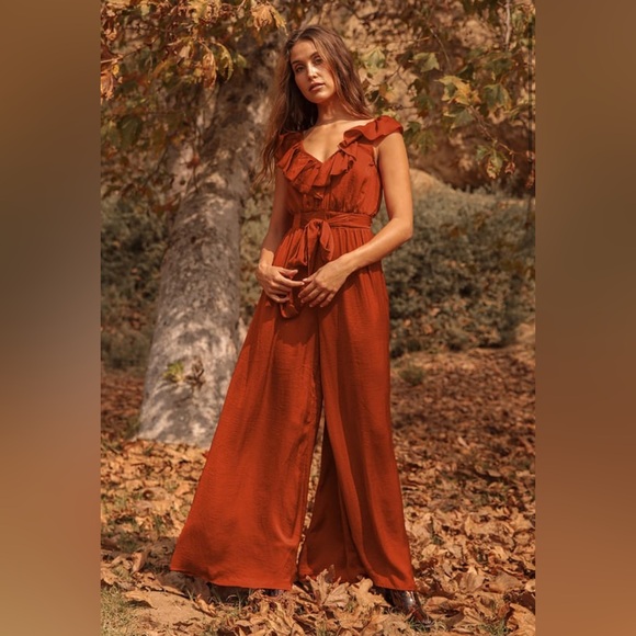 Lulu’s Rust Orange Satin Wide-leg Jumpsuit - Picture 4 of 4